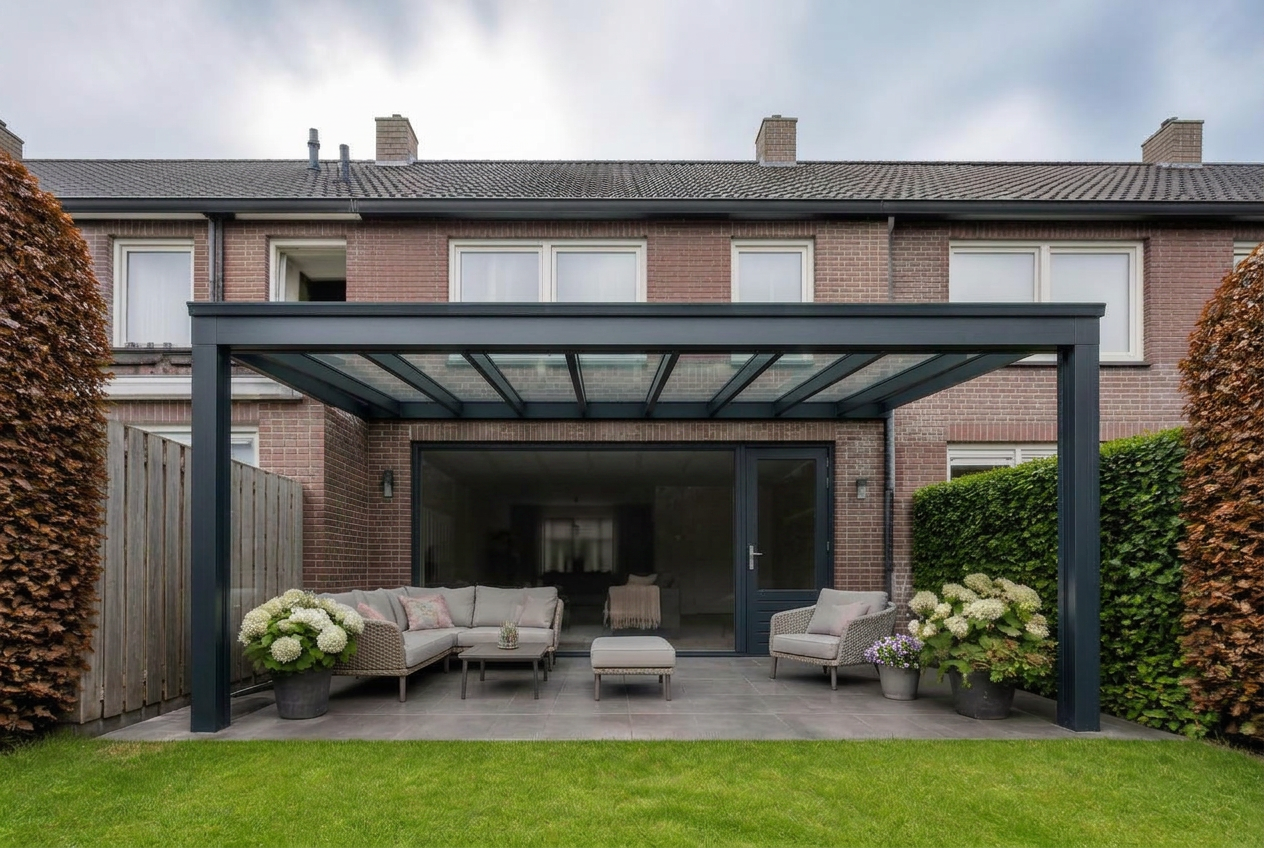 Veranda vooraanzicht met antraciet (ral 7016) constructie en rode baksteen