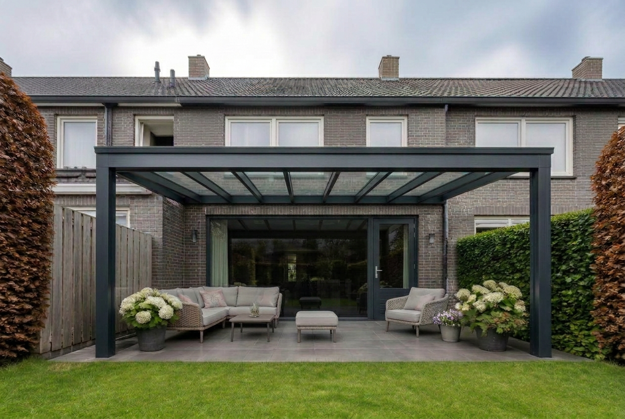 Veranda vooraanzicht met antraciet (ral 7016) constructie en grijze baksteen