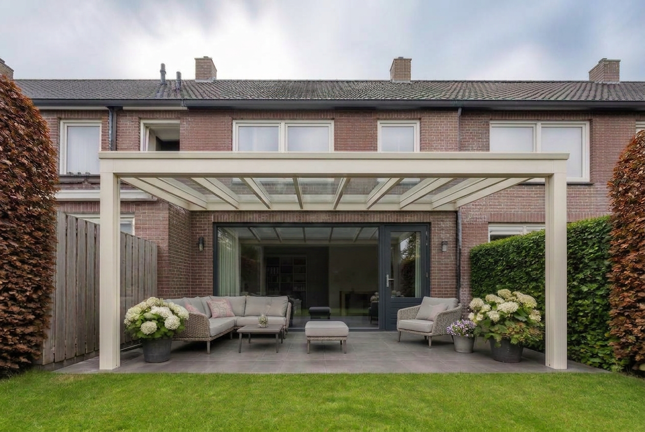 Veranda vooraanzicht met creme (ral 9001) constructie en rode baksteen
