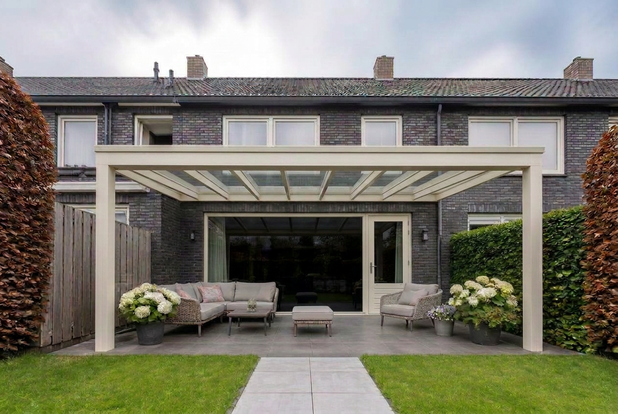 Veranda vooraanzicht met creme (ral 9001) constructie en grijze baksteen