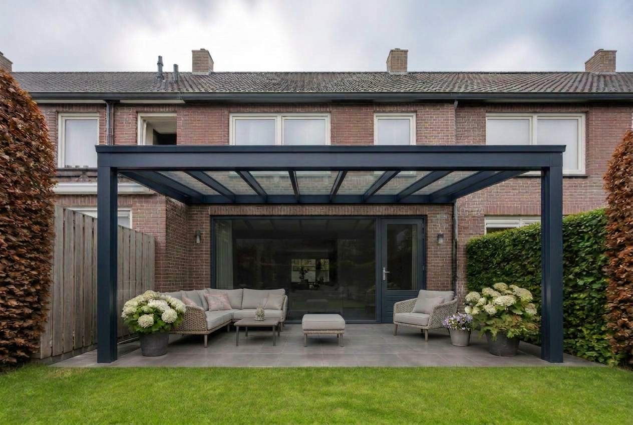 Veranda vooraanzicht met navy (ral 5011) constructie en rode baksteen