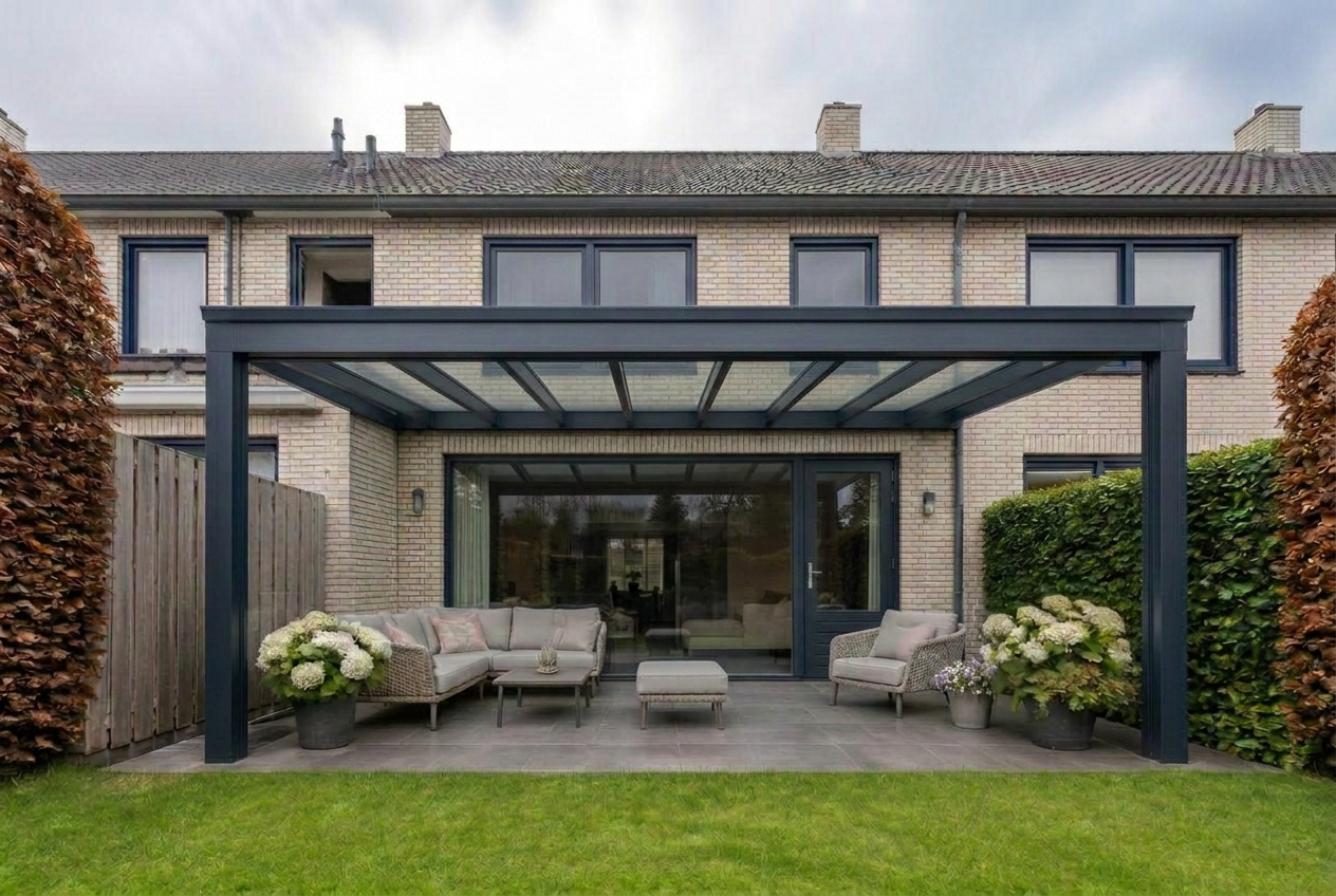 Veranda vooraanzicht met navy (ral 5011) constructie en witte kalkzandsteen
